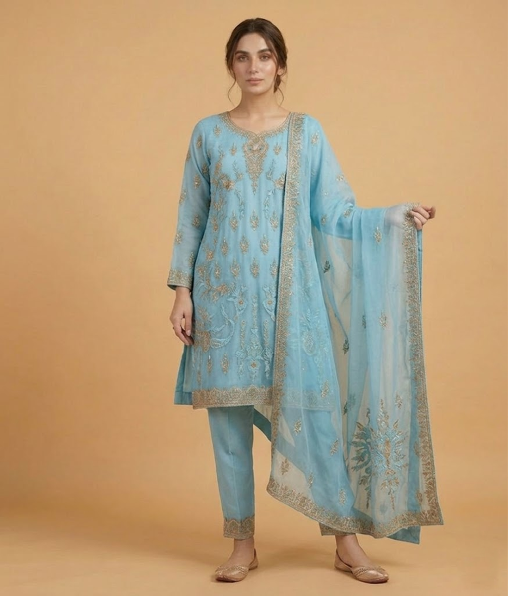 Raw Silk 3 Piece Suit Heavy Dabka Work with Dupatta and Plain Trousers