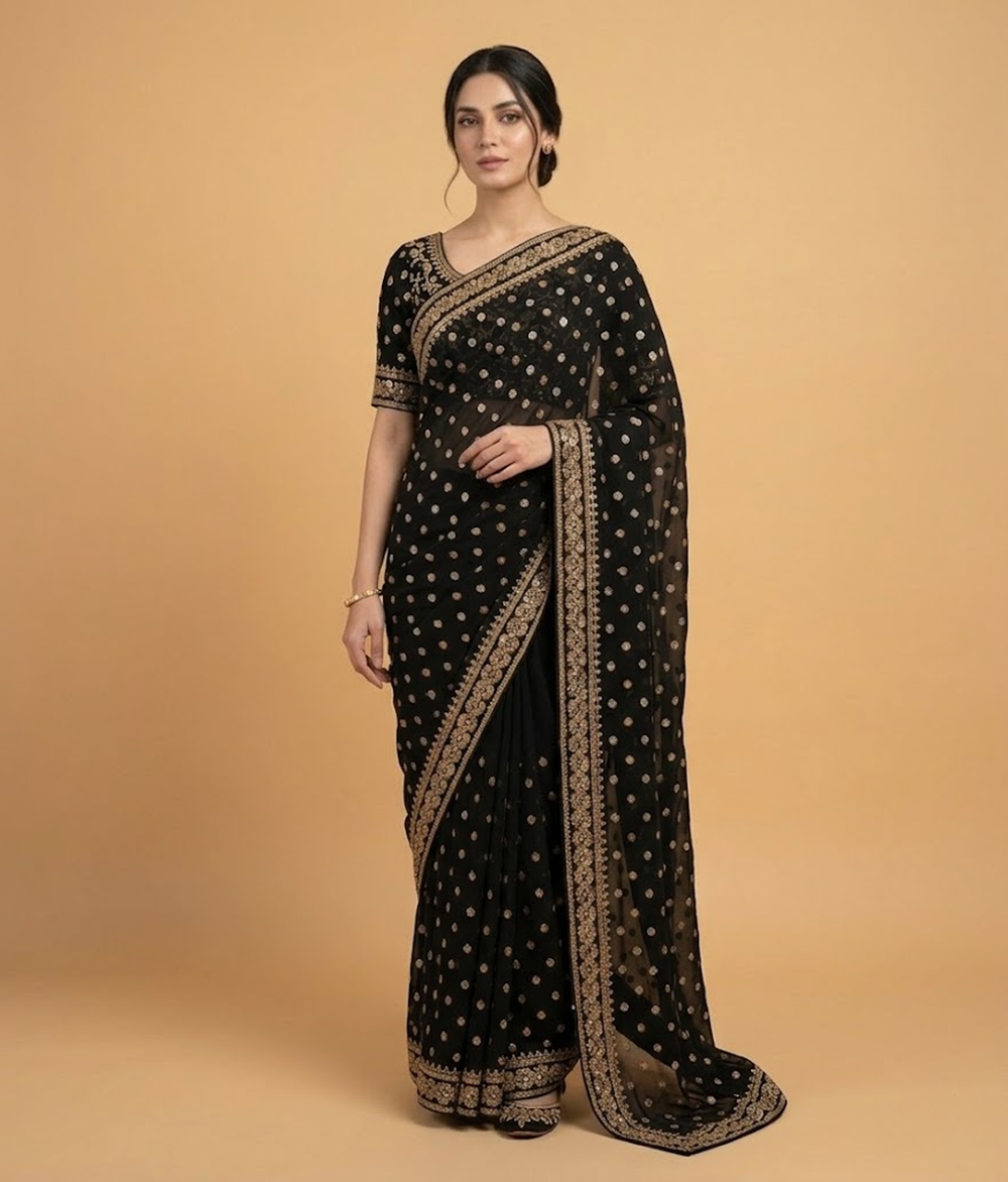 Blue Butti & Zari Border Chiffon Saree