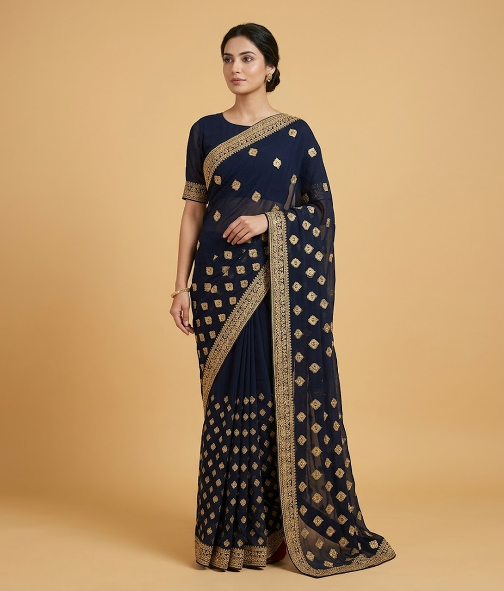 Blue Hand-worked Gilded Chiffon Saree
