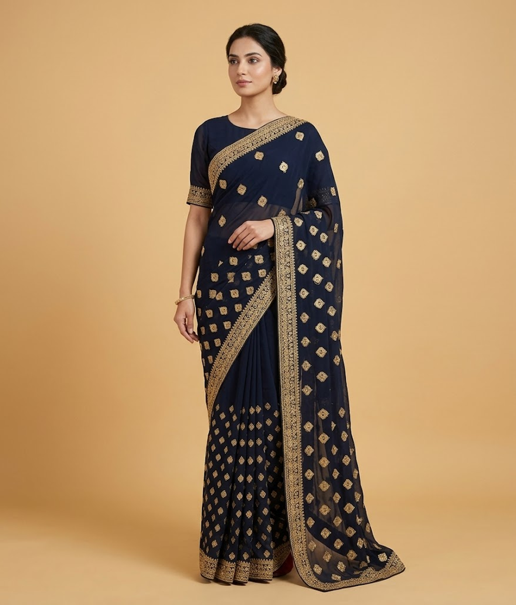 Blue Hand-worked Gilded Chiffon Saree