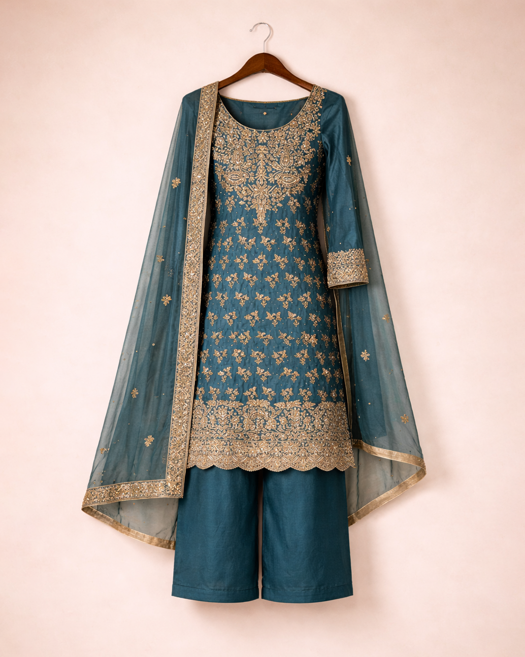 Blue and gold dabka work 3 piece