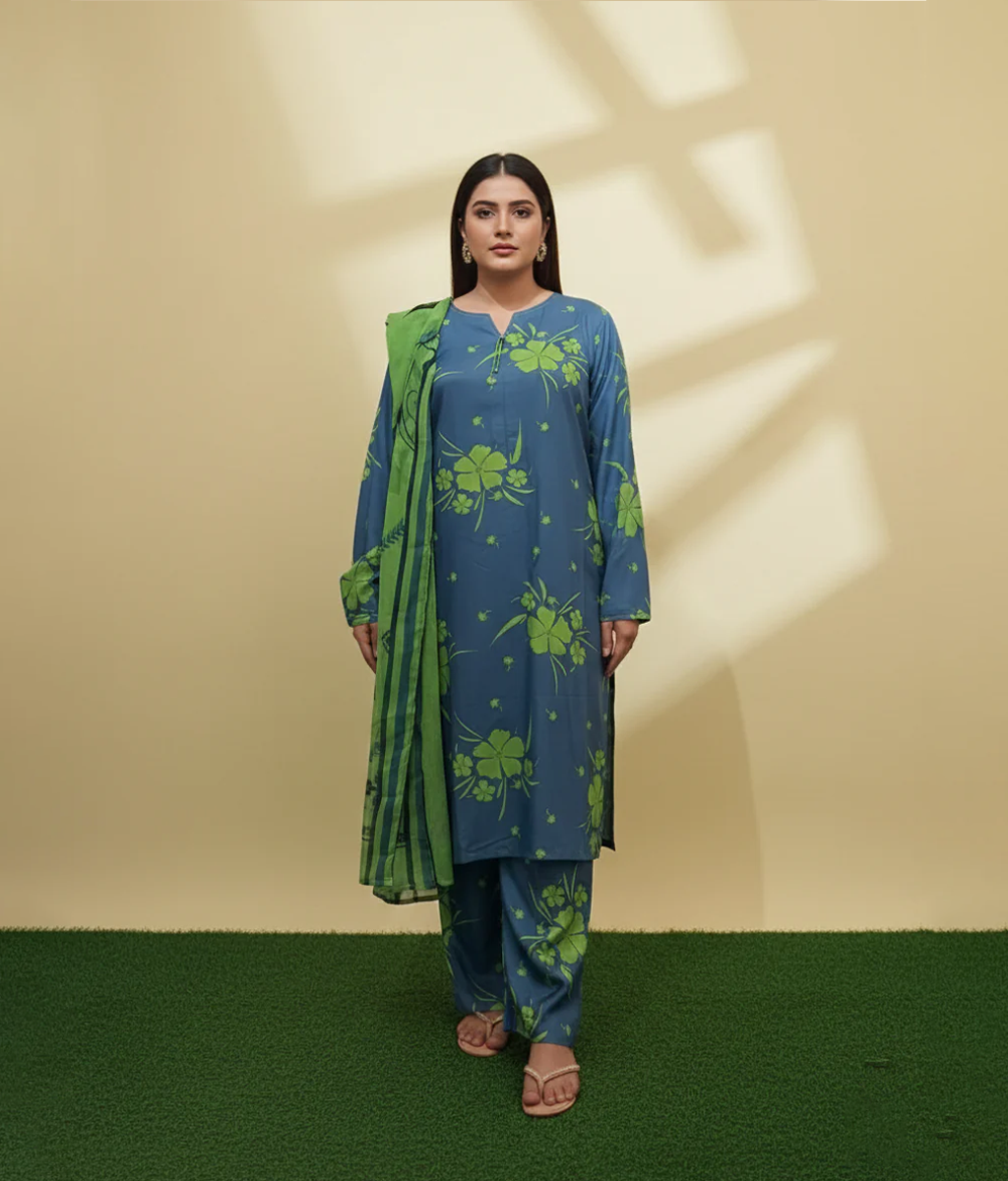 Blue and parrot green arabic Lawn printed 3 piece