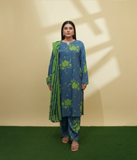 Blue and parrot green arabic Lawn printed 3 piece