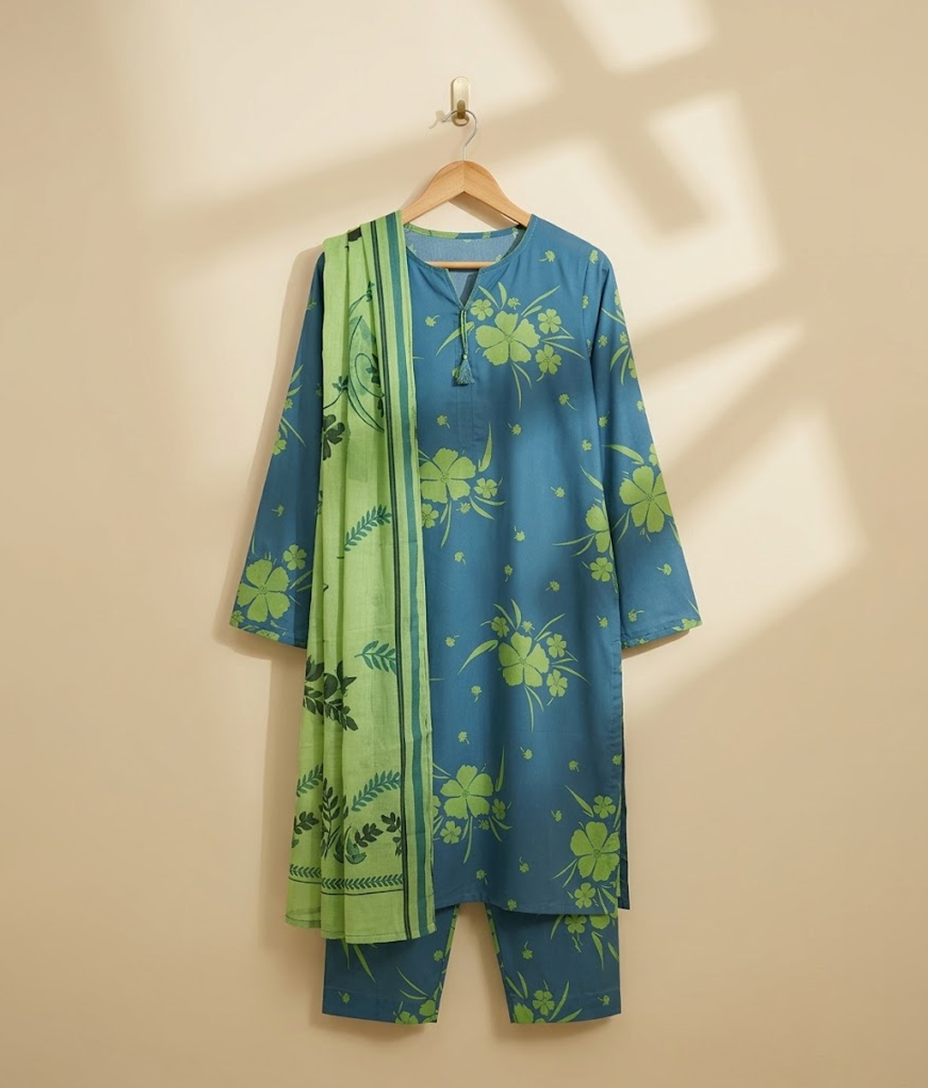 Blue and parrot green arabic Lawn printed 3 piece
