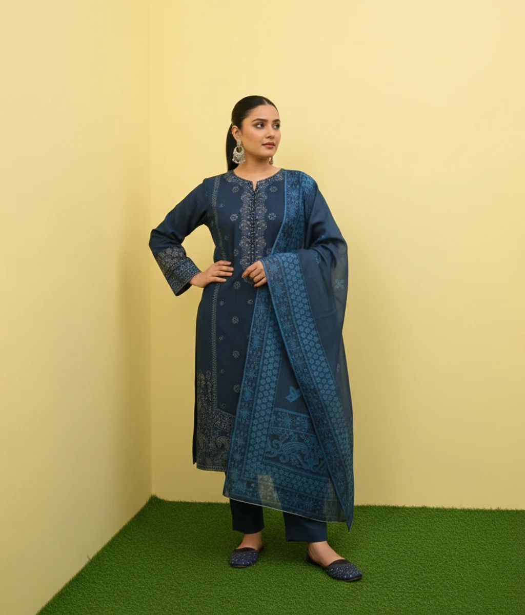 Blue cotton 3 piece with embroidery work
