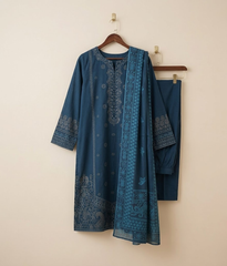 Blue cotton 3 piece with embroidery work