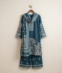 Blue embroidered shirt with trouser and printed dupatta
