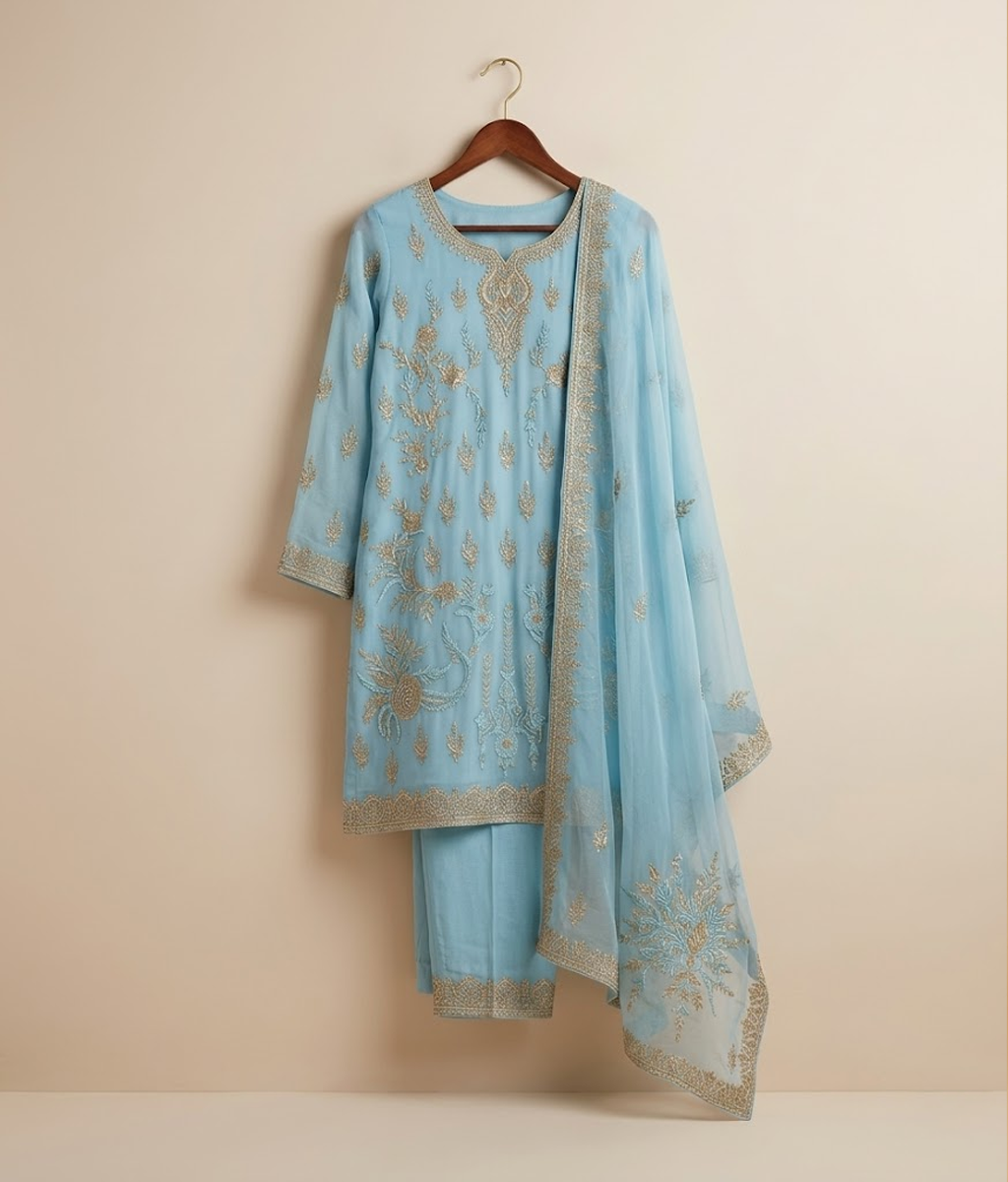 Raw Silk 3 Piece Suit Heavy Dabka Work with Dupatta and Plain Trousers