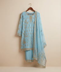 Raw Silk 3 Piece Suit Heavy Dabka Work with Dupatta and Plain Trousers