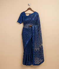 Blue zigzag net saree