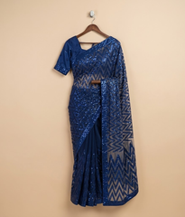 Blue zigzag net saree