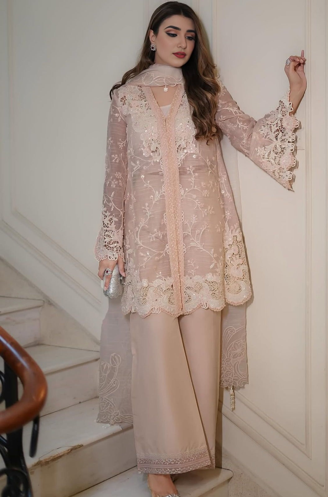 Blush Organza Lace Straight-Suit