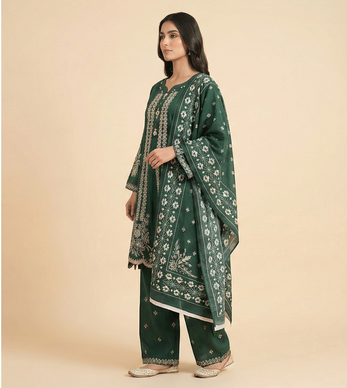 Bottle Green Cotton Embroidered A-Line 3 Piece Suit