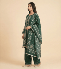 Bottle Green Cotton Embroidered A-Line 3 Piece Suit