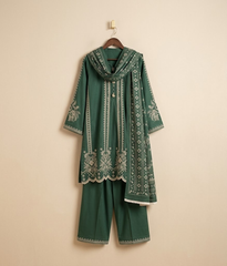 Bottle Green Cotton Embroidered A-Line 3 Piece Suit