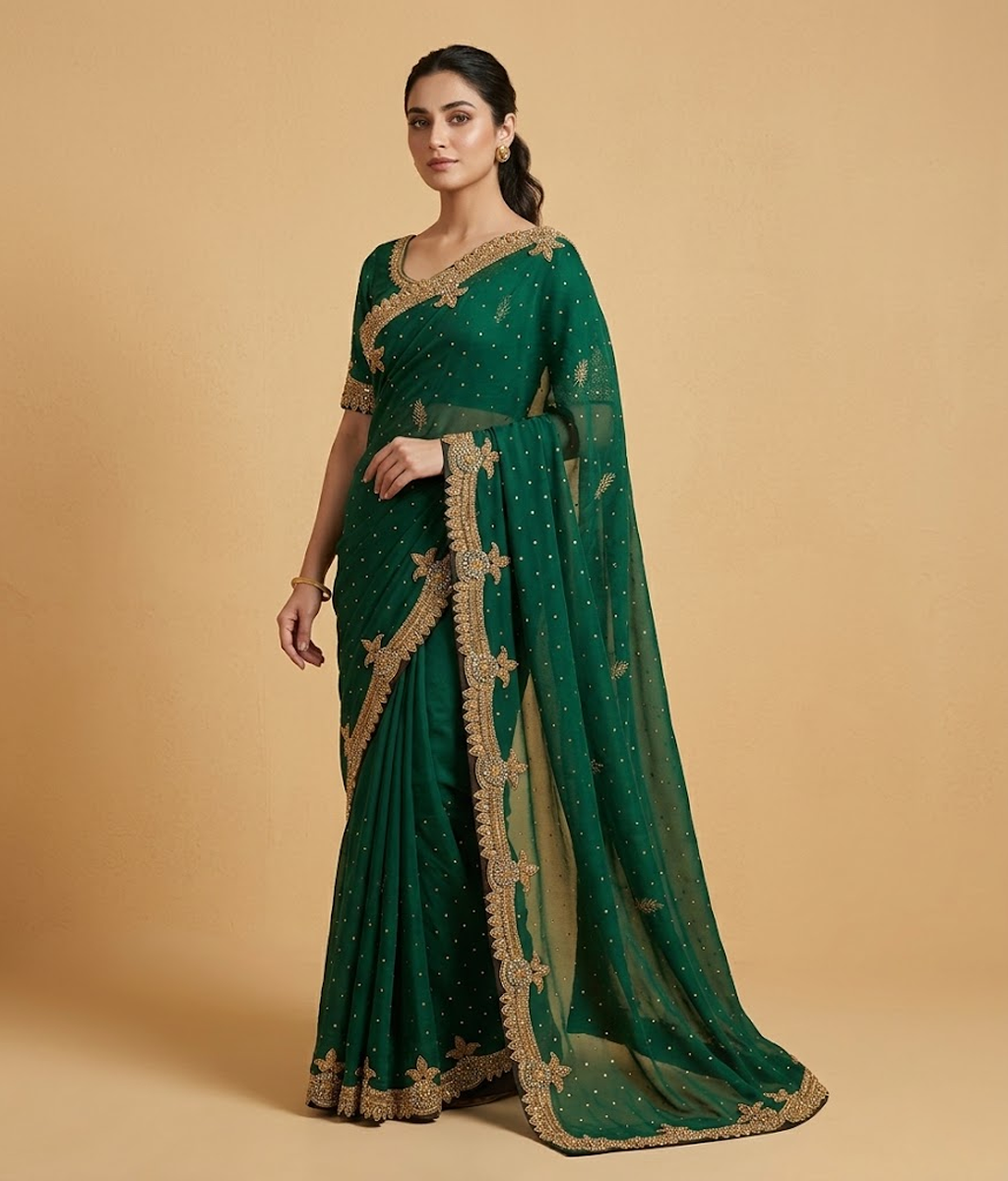 Bottle Green Zardozi Tissue Silk Saree