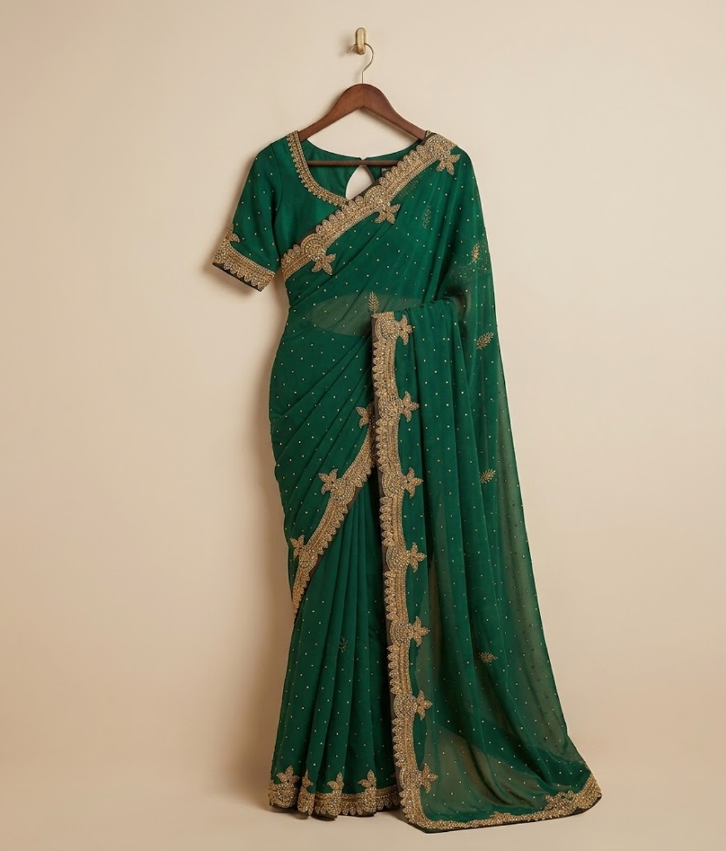 Bottle Green Zardozi Tissue Silk Saree
