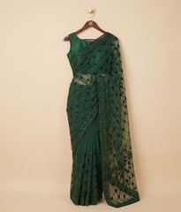 Bottle green sequin net saree