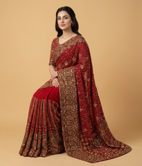 Bright Red Crinkle Chiffon Sequin & Tilla Work Saree