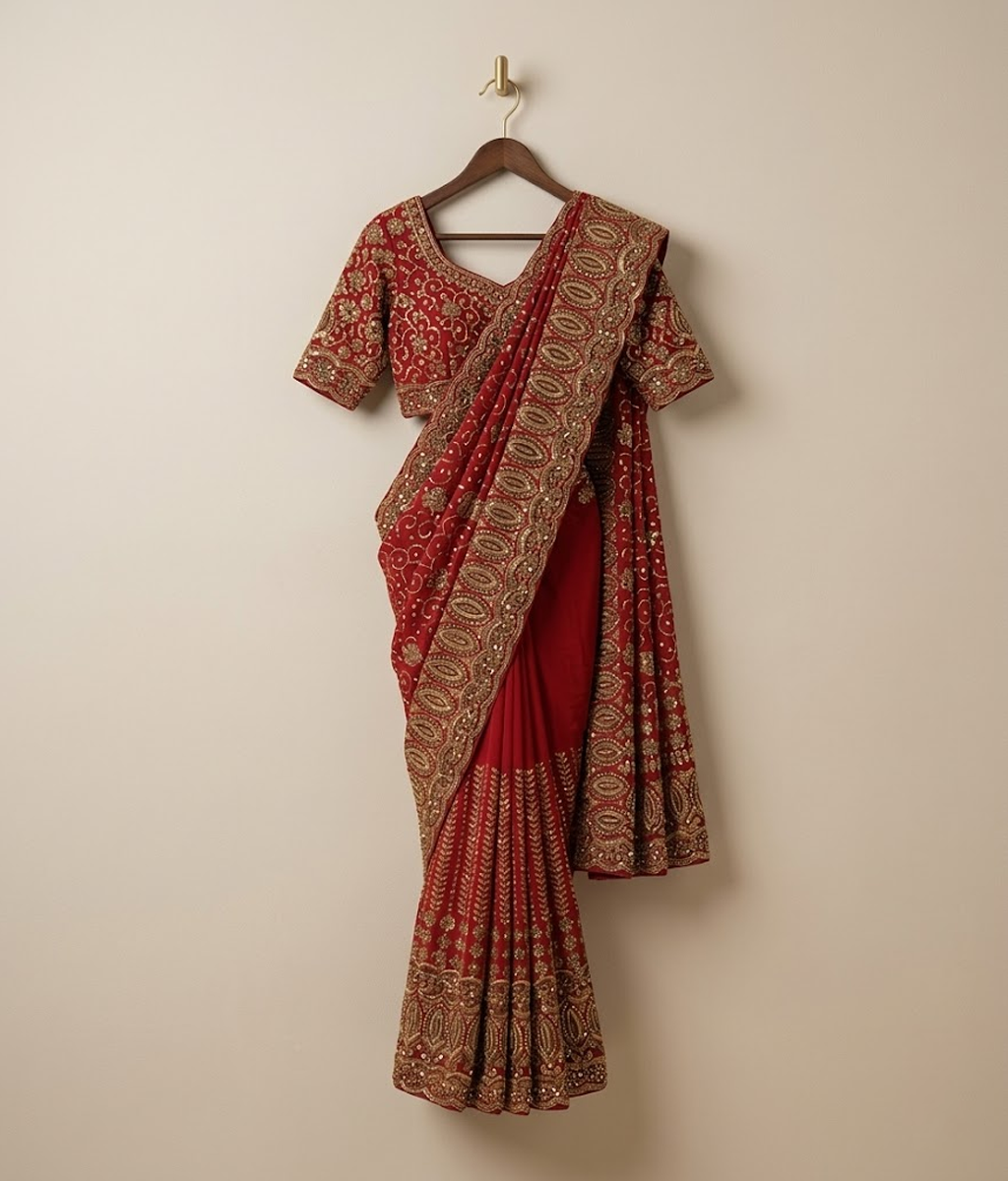 Bright Red Crinkle Chiffon Sequin & Tilla Work Saree