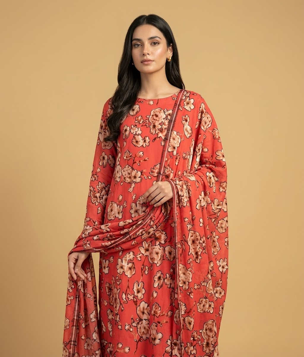 Bright Red floral Palachi 2 Piece Shirt and Dupatta