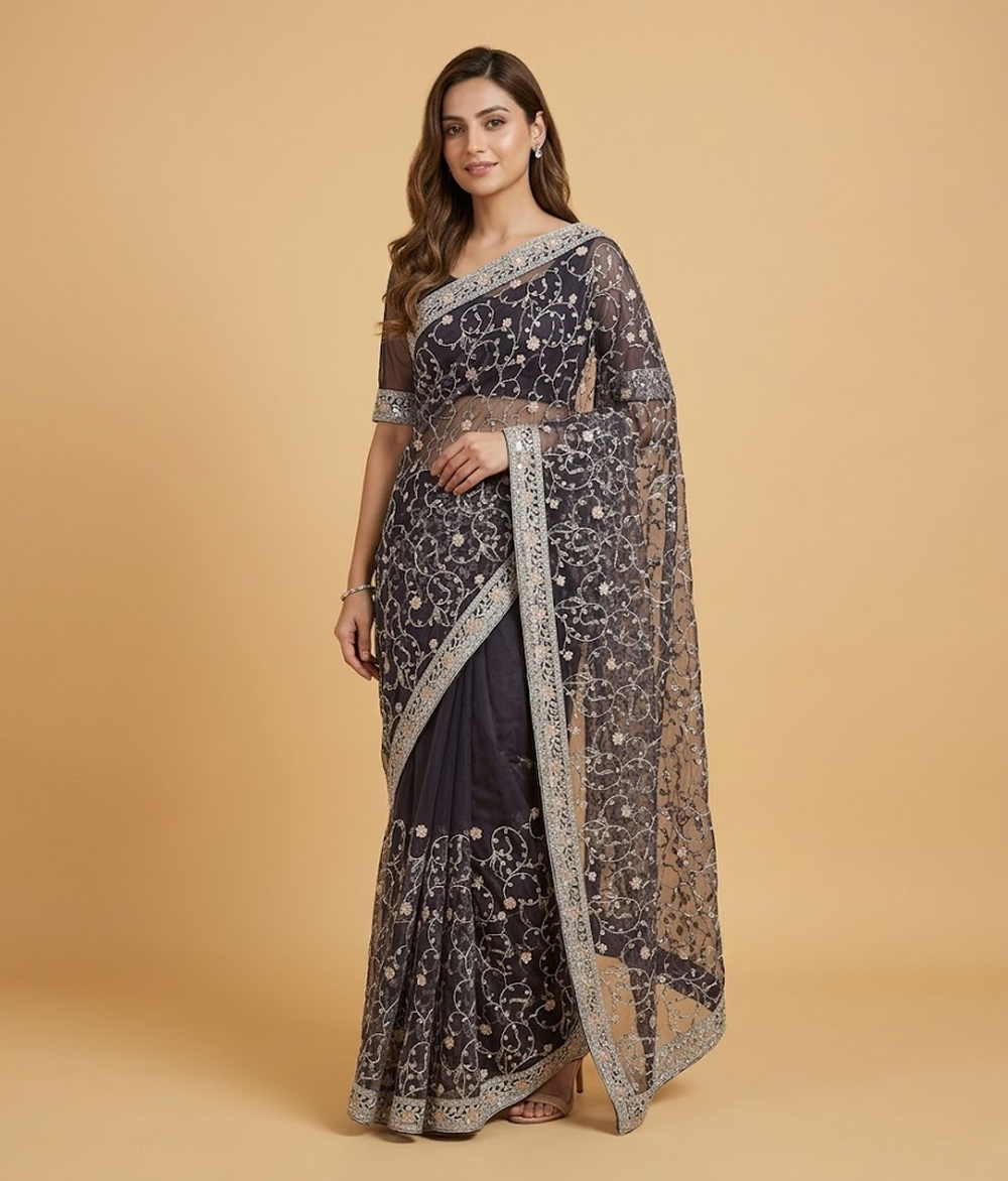 Brown Net Jaal Work Saree