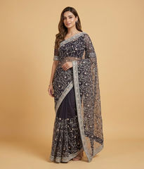 Brown Net Jaal Work Saree