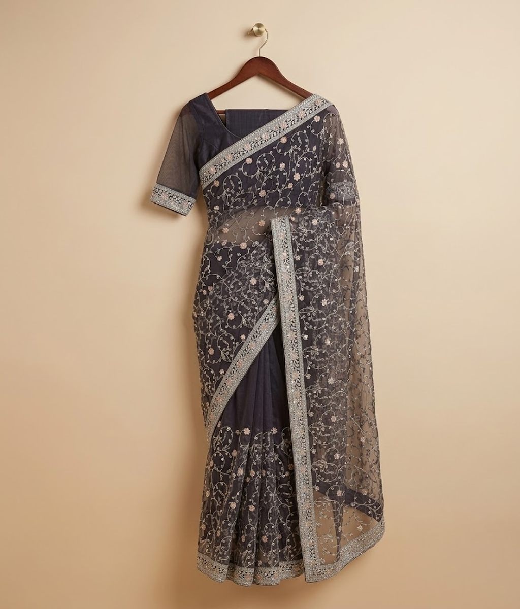 Brown Net Jaal Work Saree