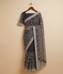 Brown Net Jaal Work Saree