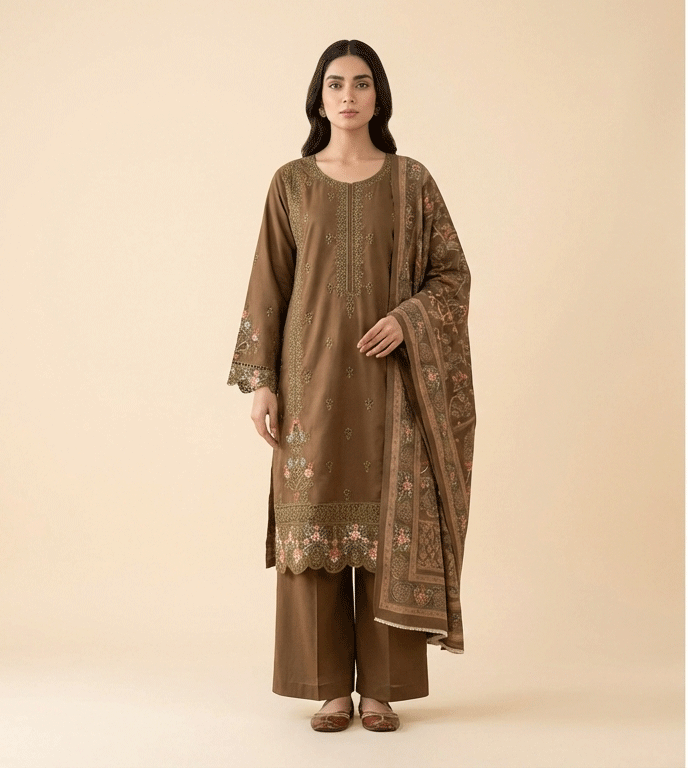 Brown cotton 3 piece with embroidery work