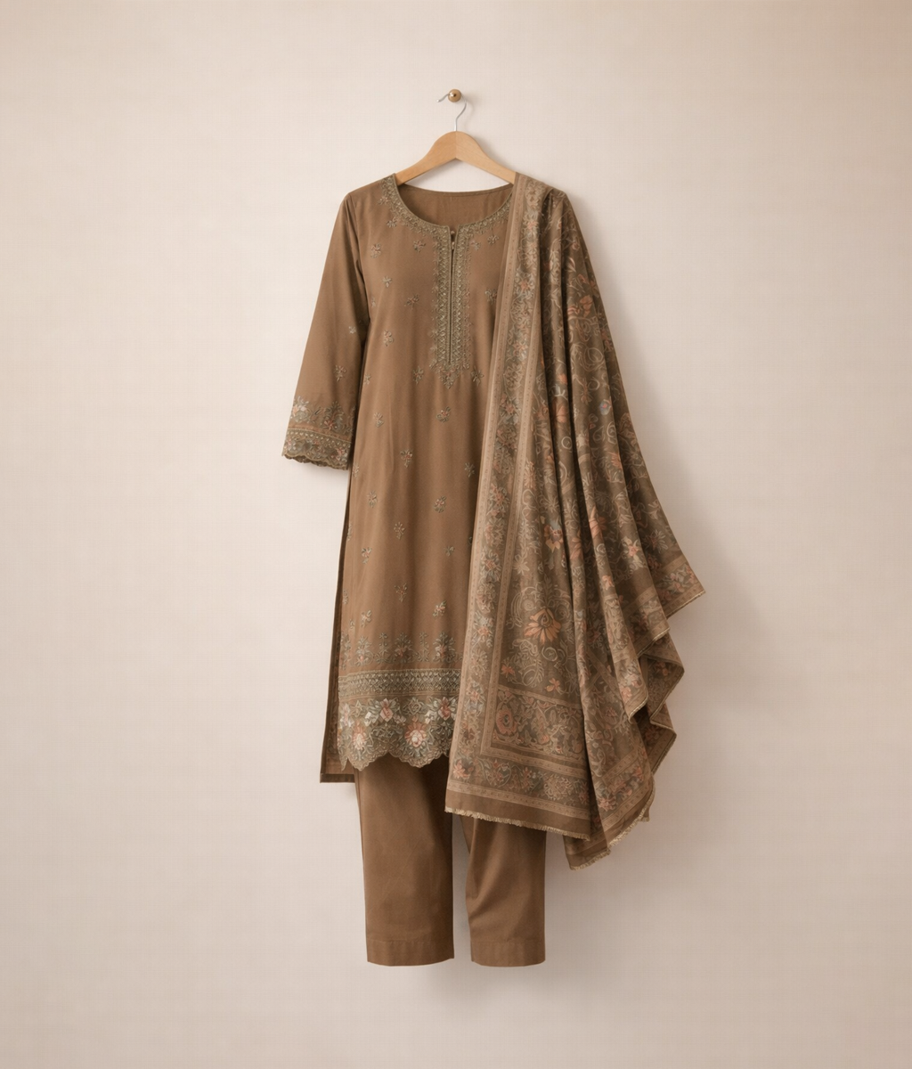 Brown cotton 3 piece with embroidery work