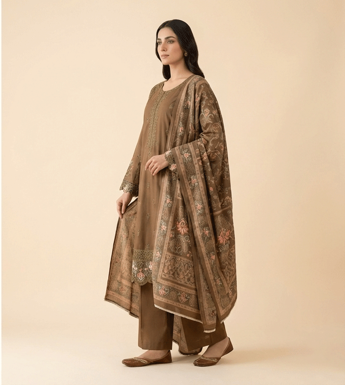 Brown cotton 3 piece with embroidery work