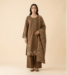 Brown cotton 3 piece with embroidery work