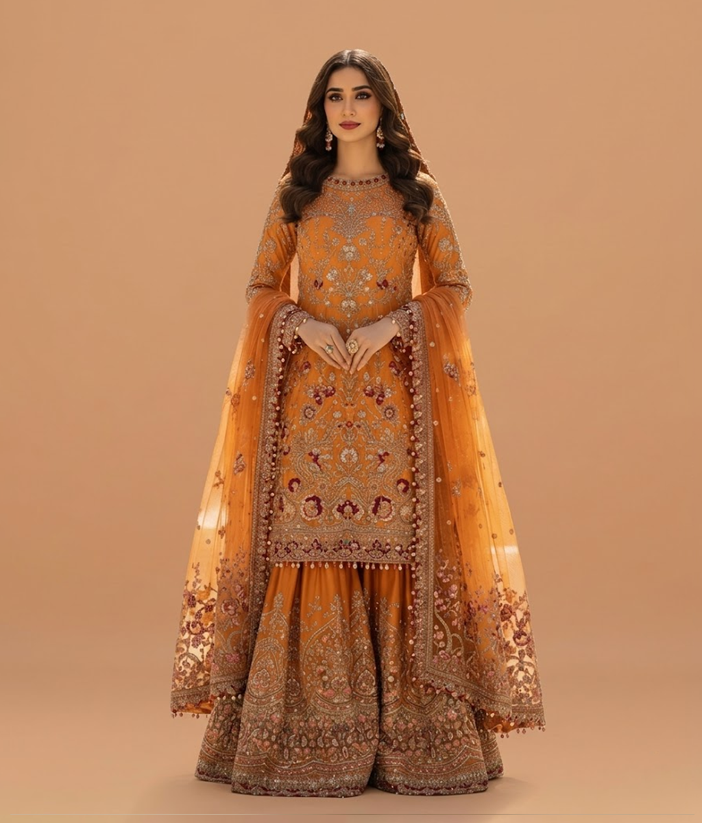 Burnt Orange Dabka & Resham Worked Gharara