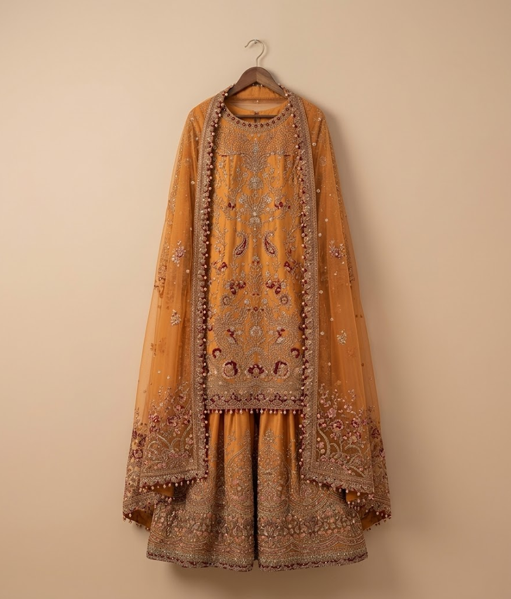 Burnt Orange Dabka & Resham Worked Gharara