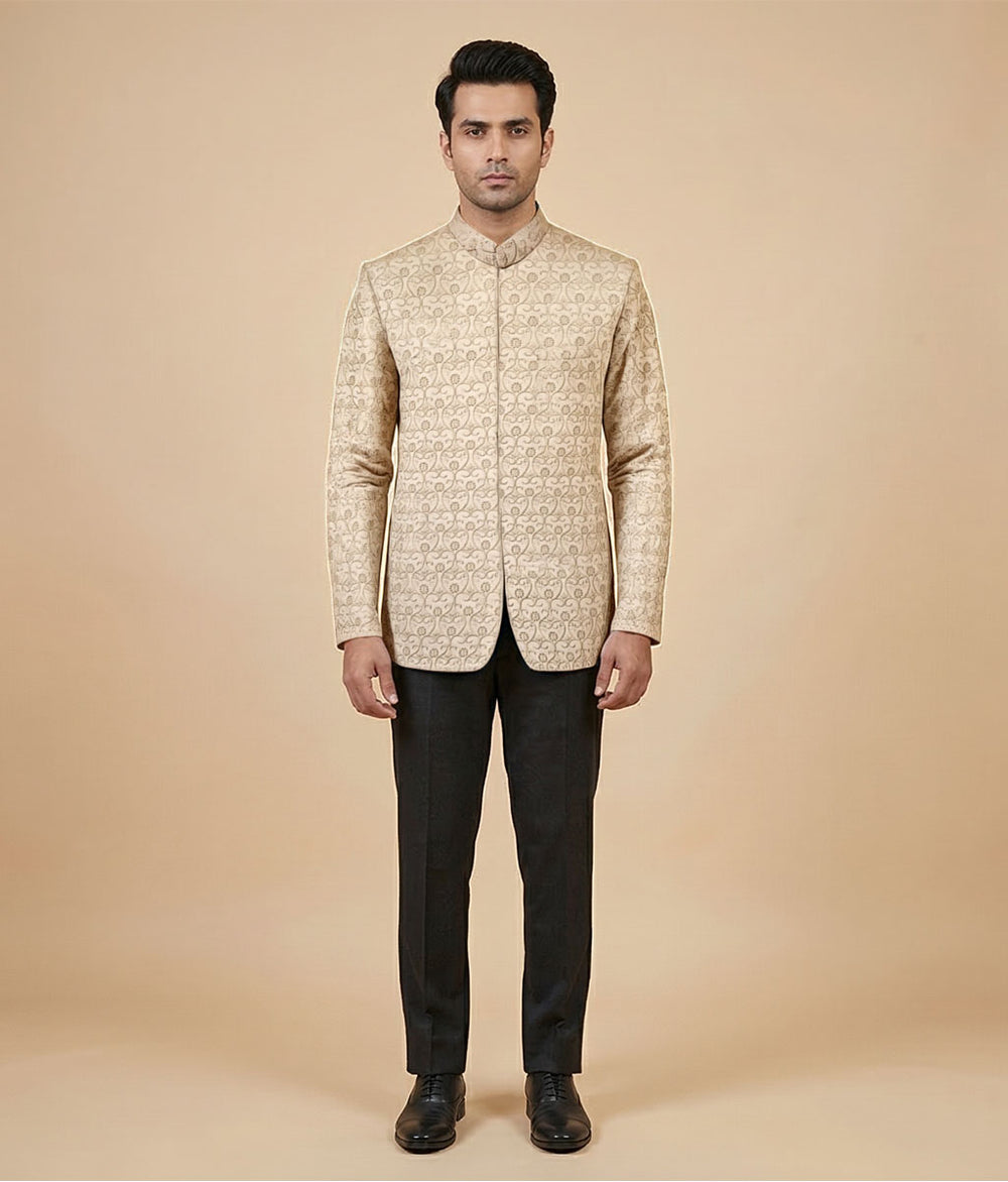 Camel Embroidered Raw Silk Open Prince Coat