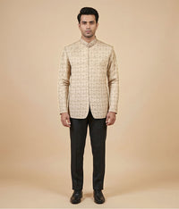 Camel Embroidered Raw Silk Open Prince Coat