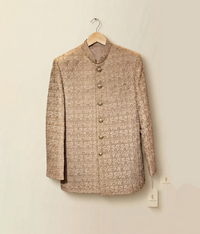 Camel Embroidered Raw Silk Open Prince Coat