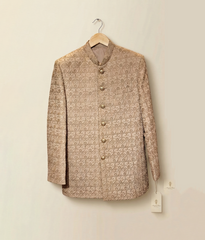 Camel Embroidered Raw Silk Open Prince Coat