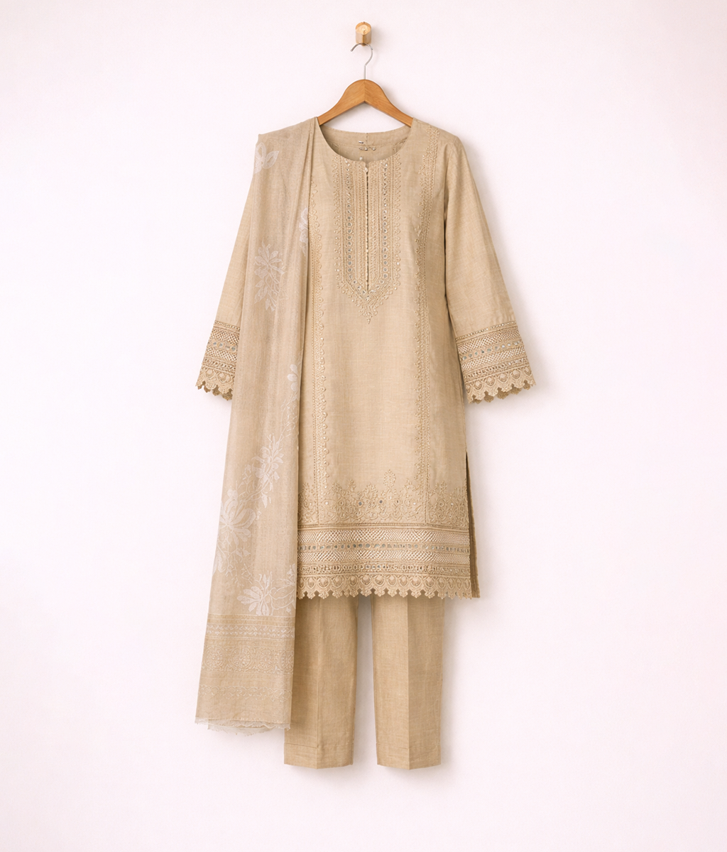 Camel lawn 3 piece with embroidered border and neckline