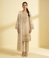 Camel lawn 3 piece with embroidered border and neckline