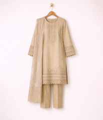 Camel lawn 3 piece with embroidered border and neckline