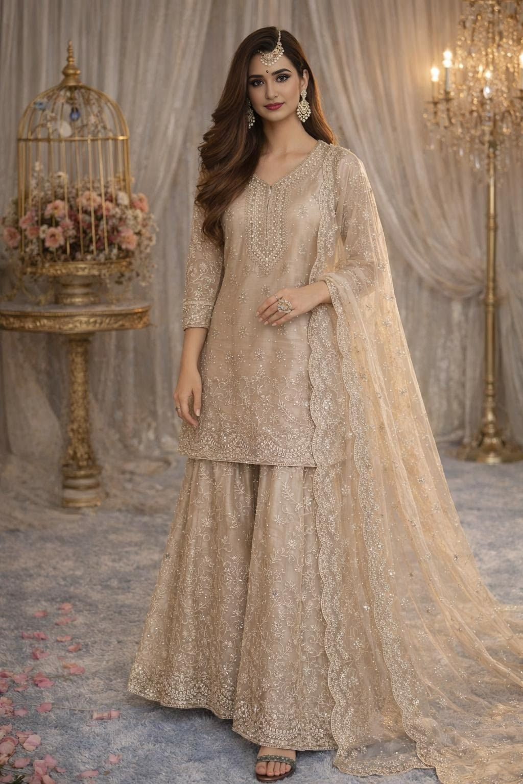Champagne Pearl Embroidered Gharara