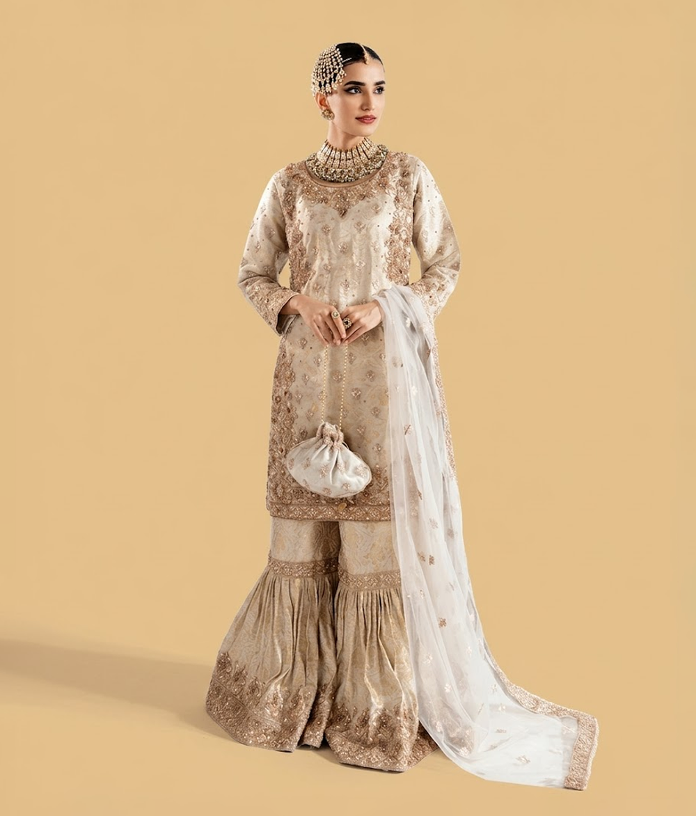 Champagne Gold Pearl & Zardozi Embellished Gharara