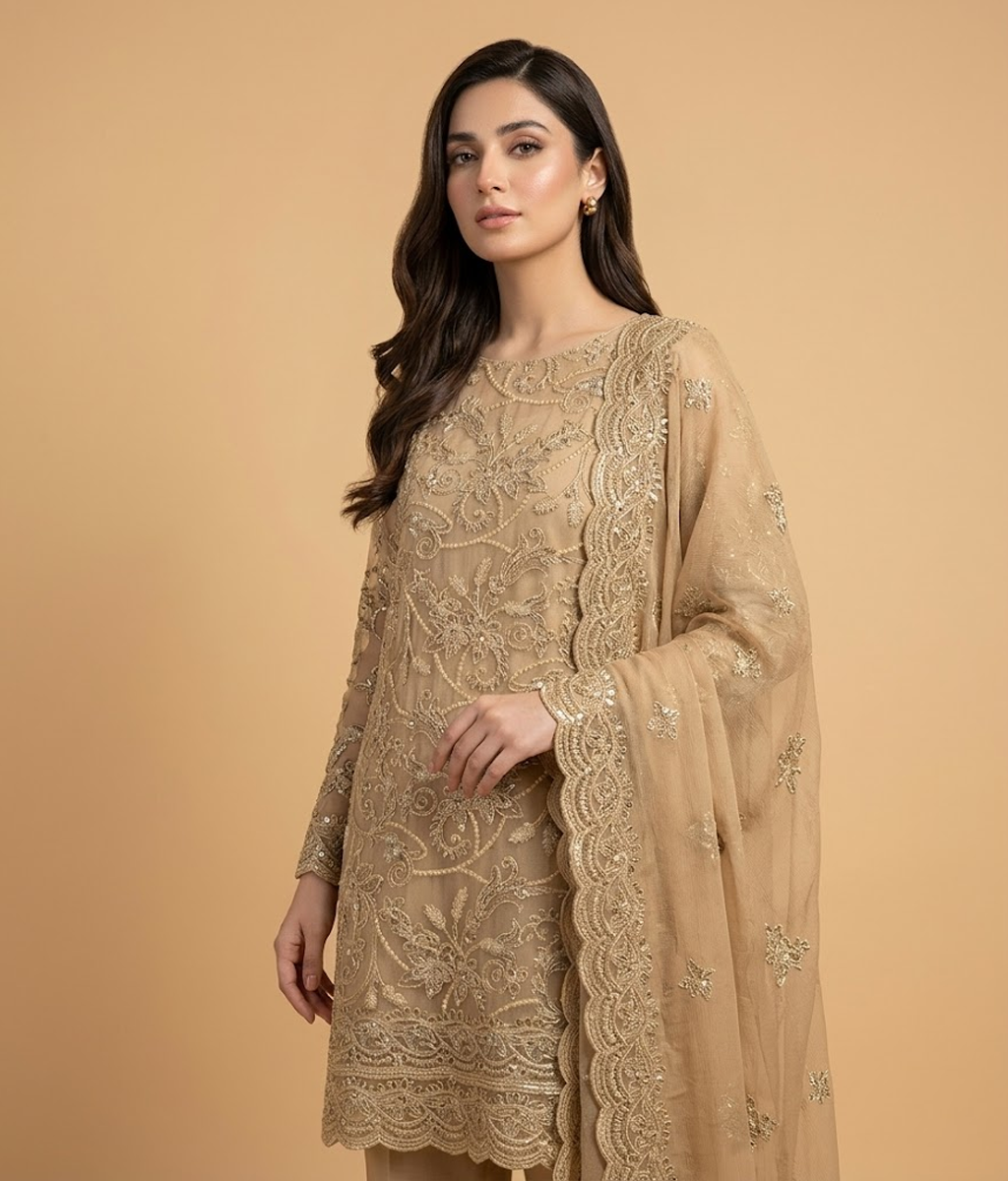 Champagne Lattice Jaal Chiffon 2 Piece