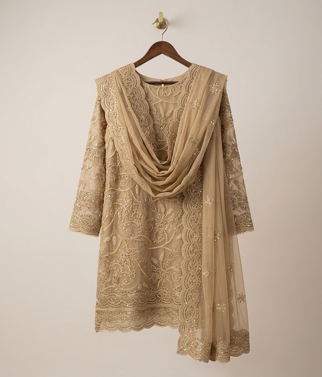 Champagne Lattice Jaal Chiffon 2 Piece