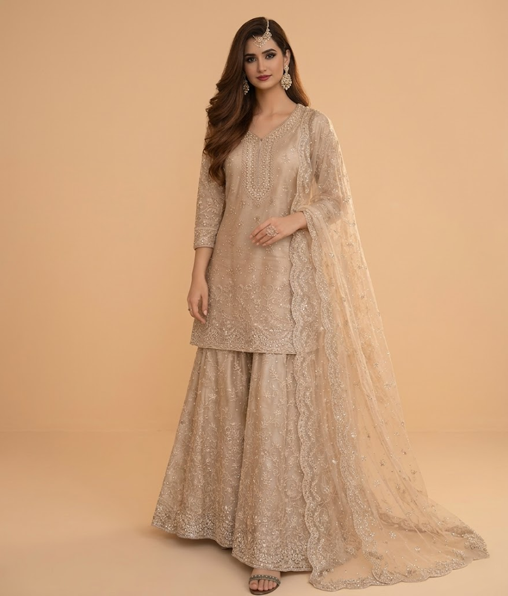 Champagne Pearl Embroidered Gharara