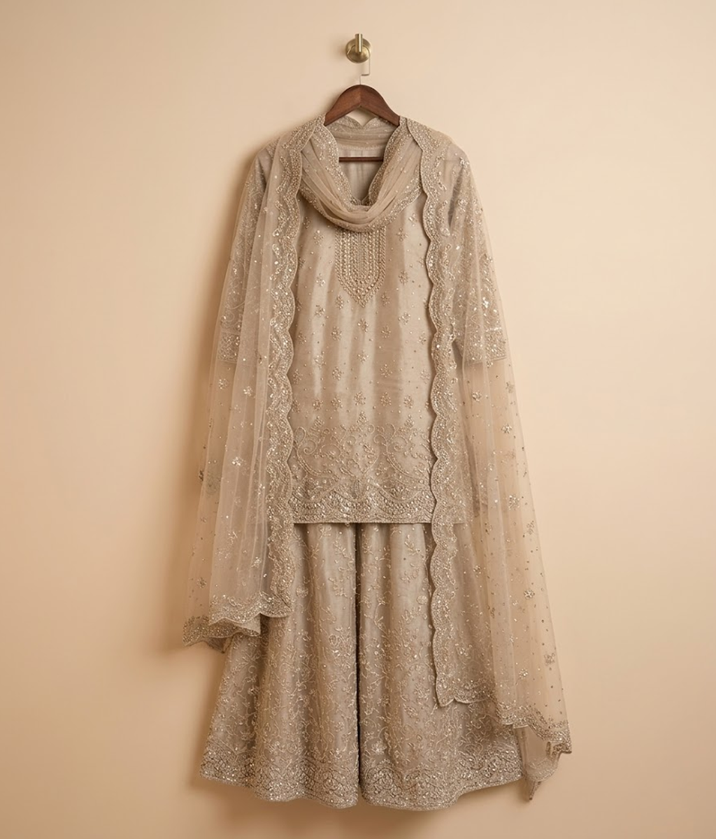 Champagne Pearl Embroidered Gharara