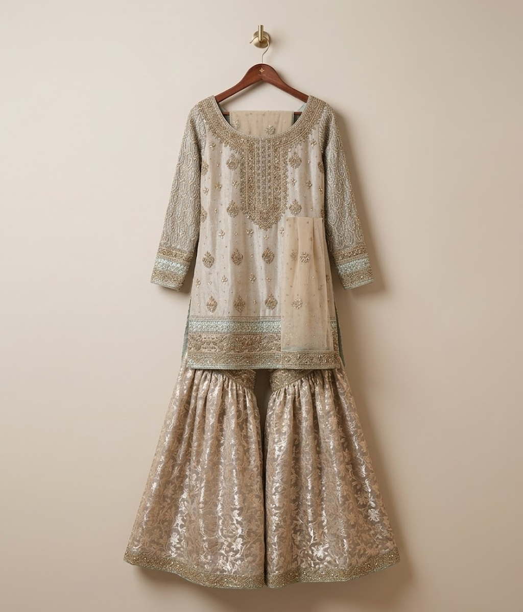 Copper Antique Zardozi & Crystal Gharara