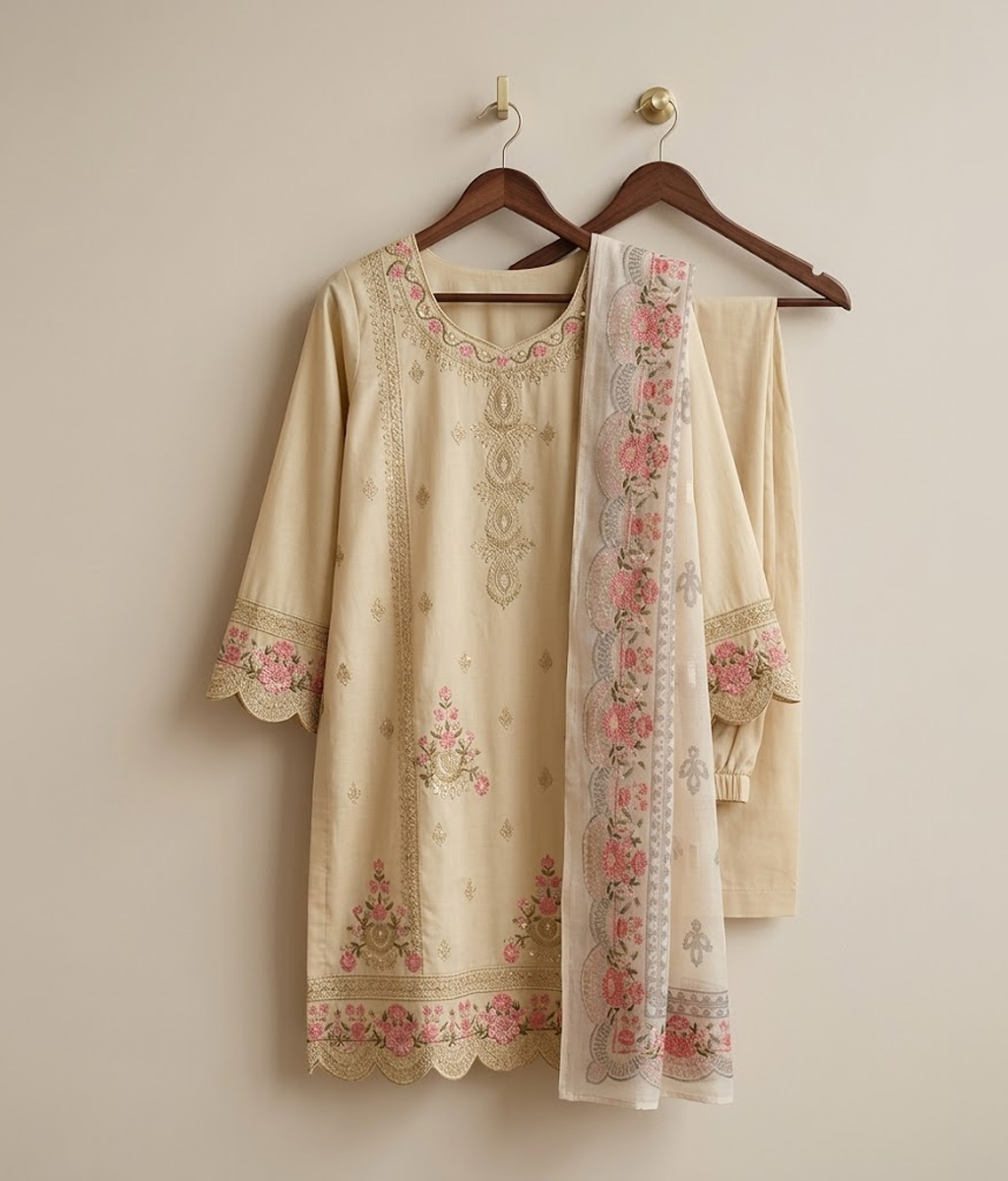 Coton digital printed 3 piece suit with embroidered daman